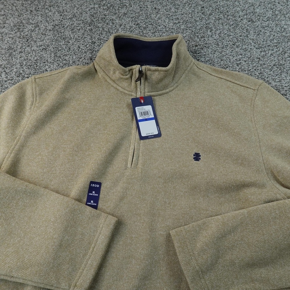 NEW IZOD Sweater Mens XL Brown Beige Heather Fleece 1/4 Zip Mock Neck Pullover